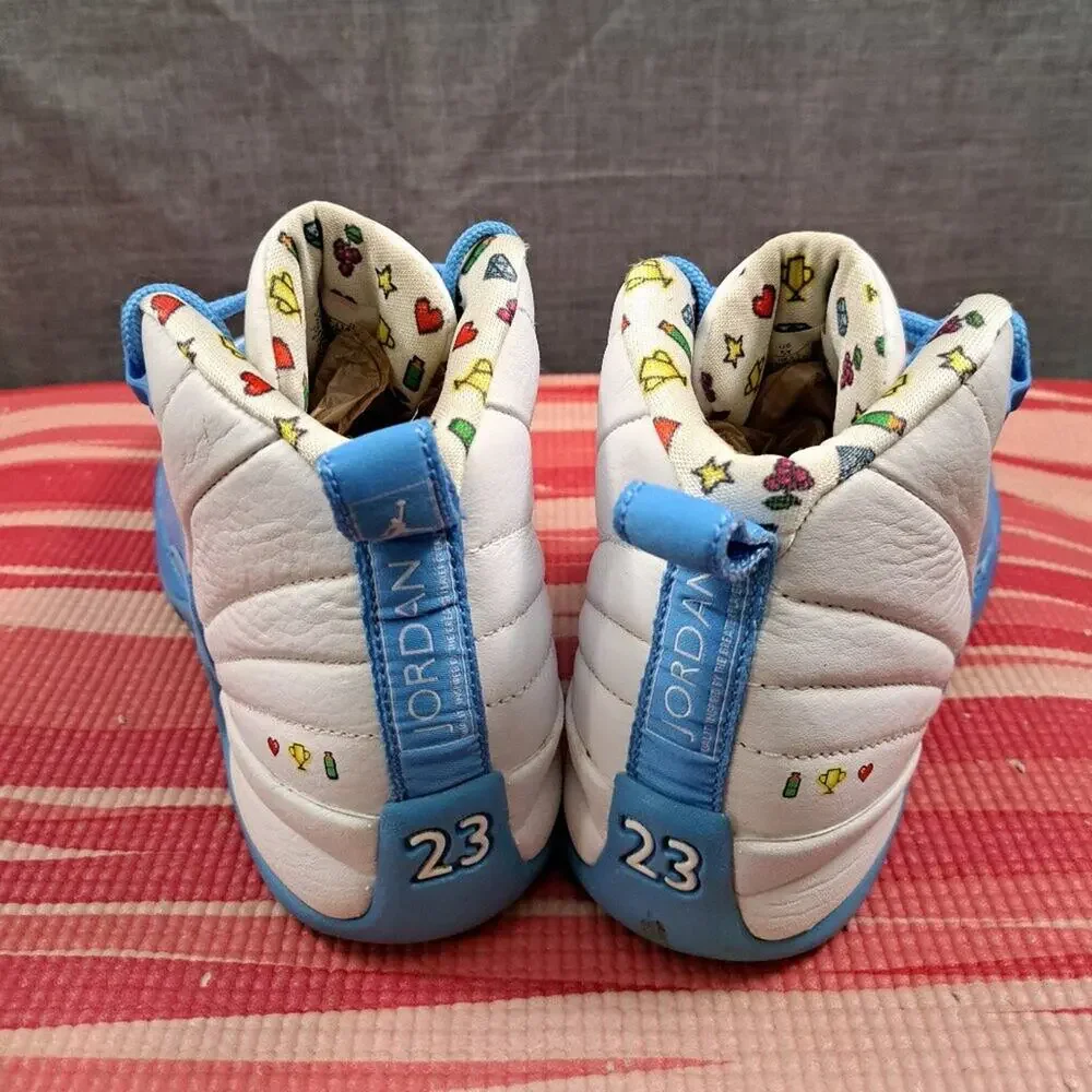 %Nike 5Y/W6.5 Air Jordan 12 University Blue UNC Emoji GS Sneakers / AJ10
